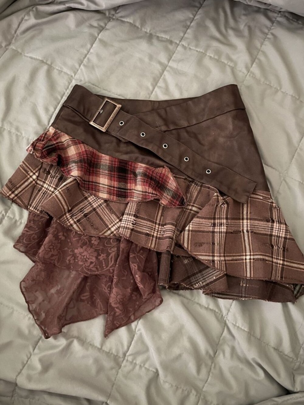 Vintage Short Bohemian Y2K Brown Skirt with Belt and Plaid Layered Lace